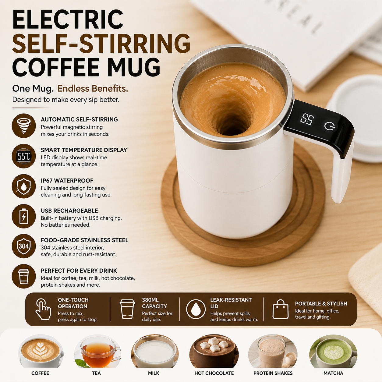 KULORA  SmartMix Pro™ – Automatic Self-Stirring Coffee Mug